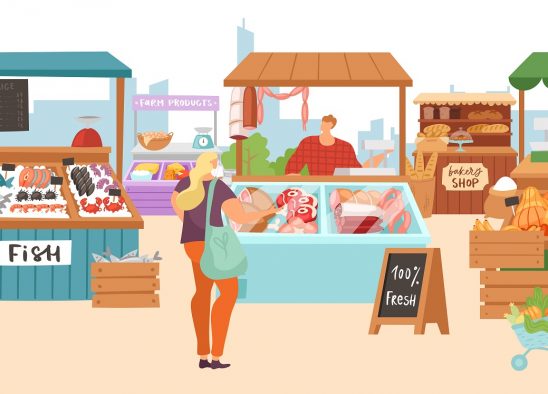 Food market sale stalls, local farmer butcher, fish kiosk shop, bakery and vegetables fruits stands flat vector illustrations.