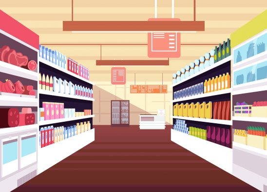 Grocery supermarket interior with full product shelves. Retail and consumerism vector concept